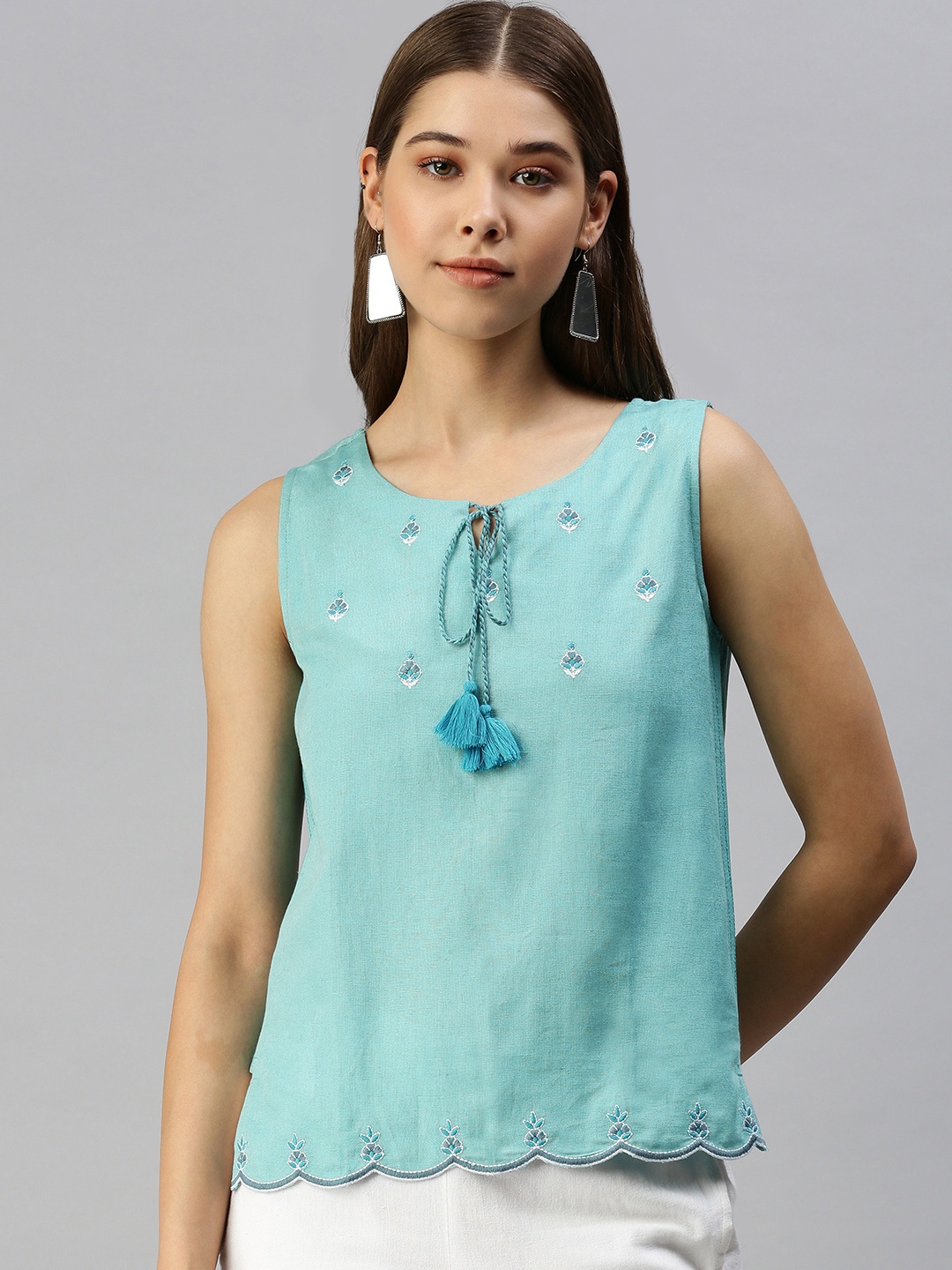 

Global DesiWomen Blue Embroidered Tie-Up Neck Top