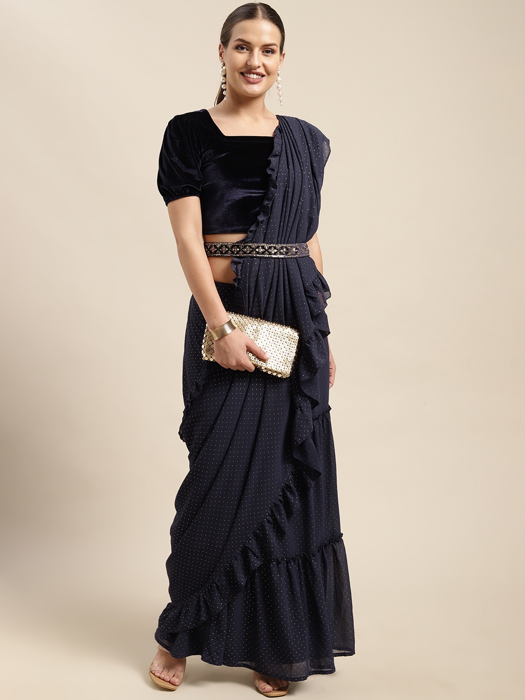 

Global Desi Navy Blue Belted Saree