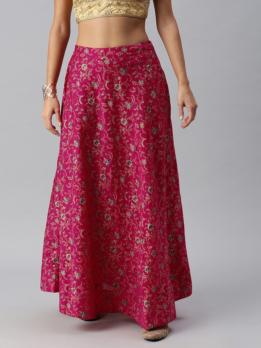 

Global Desi Women Fuchsia Ethnic Printed Paneled Flared Maxi Skirt