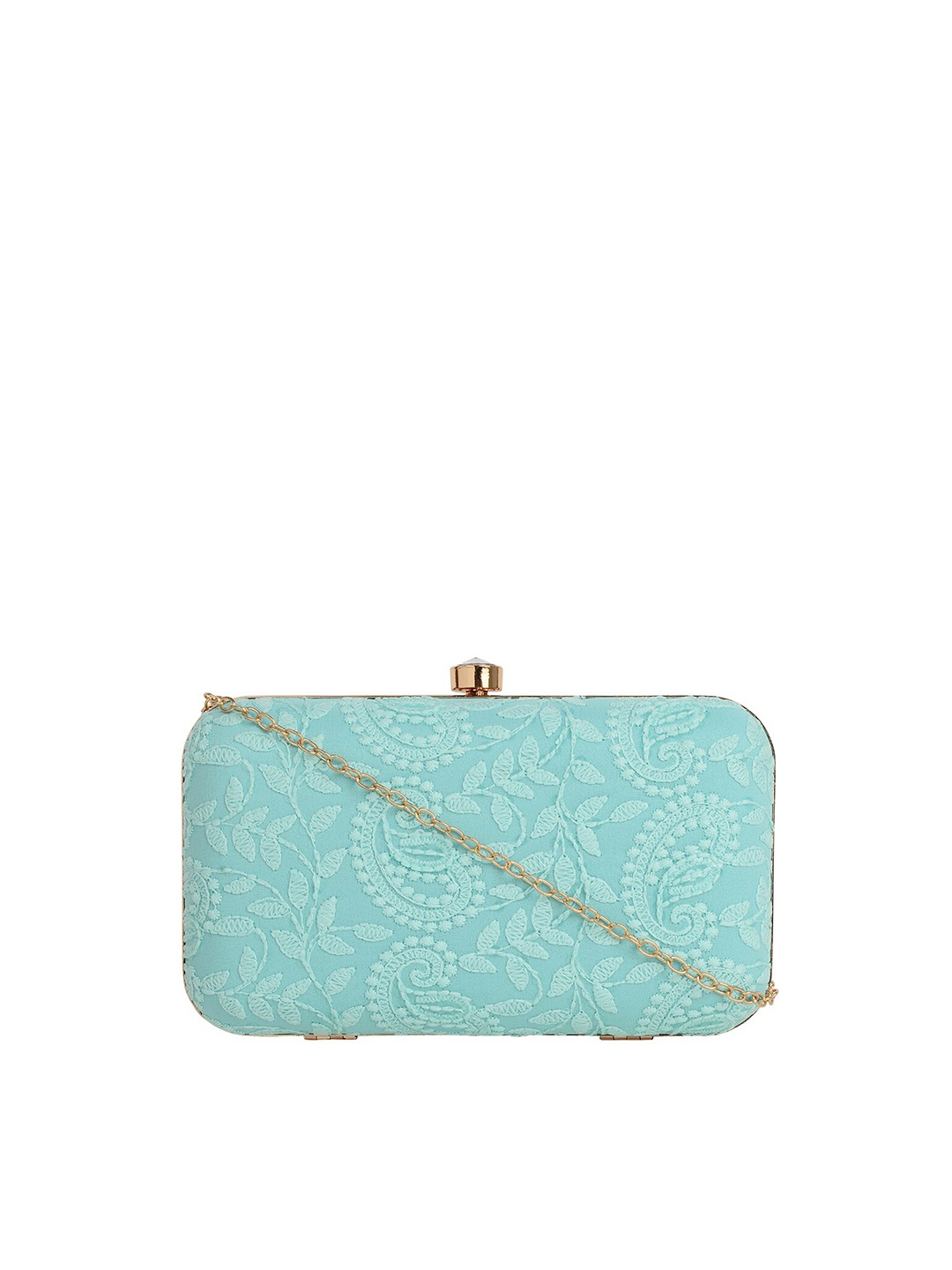 

HORRA Women Turquoise Blue & White Leaf Embroidered Box Clutch