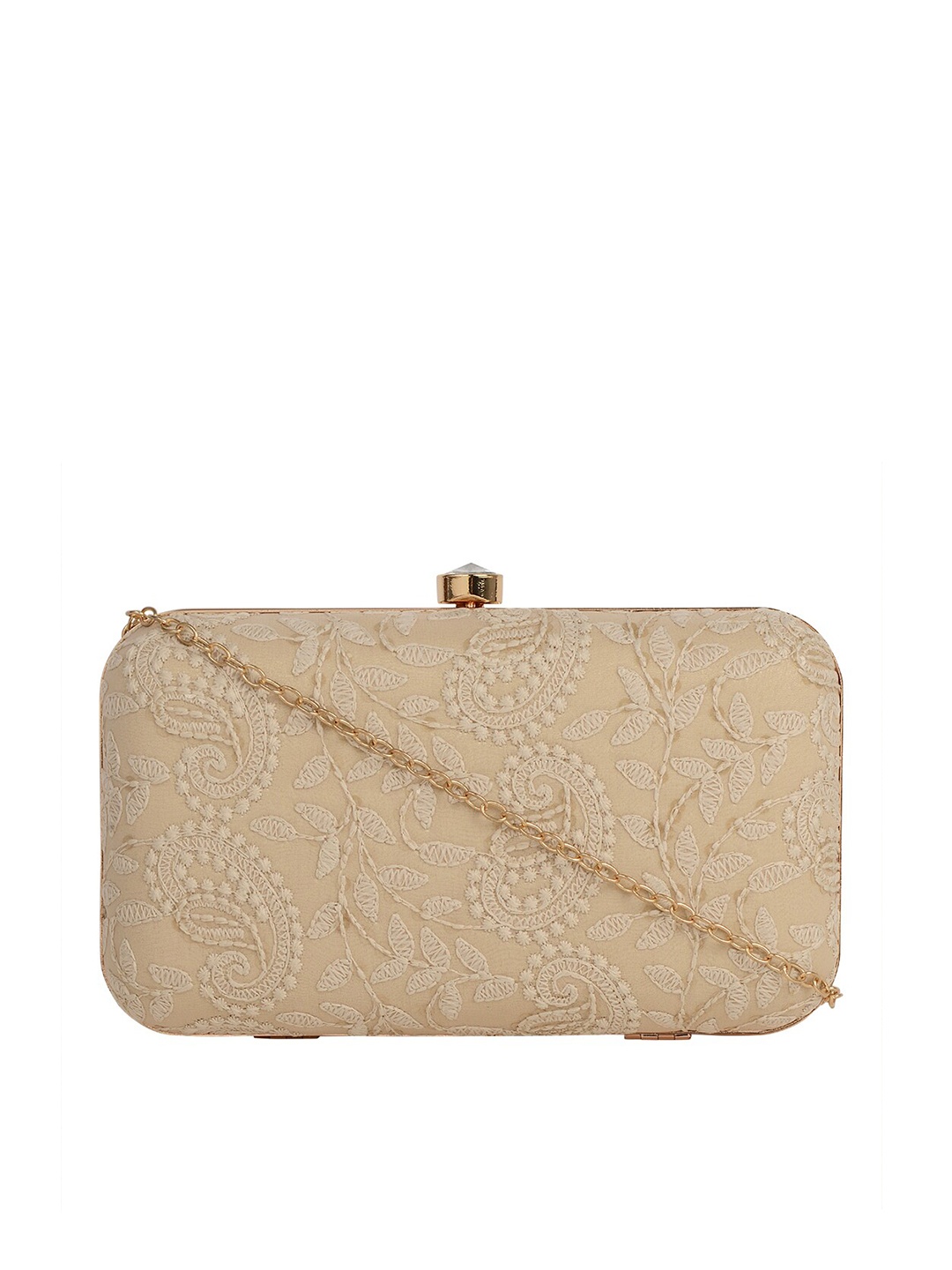 

HORRA Women Cream Solid Embroidered Clutch