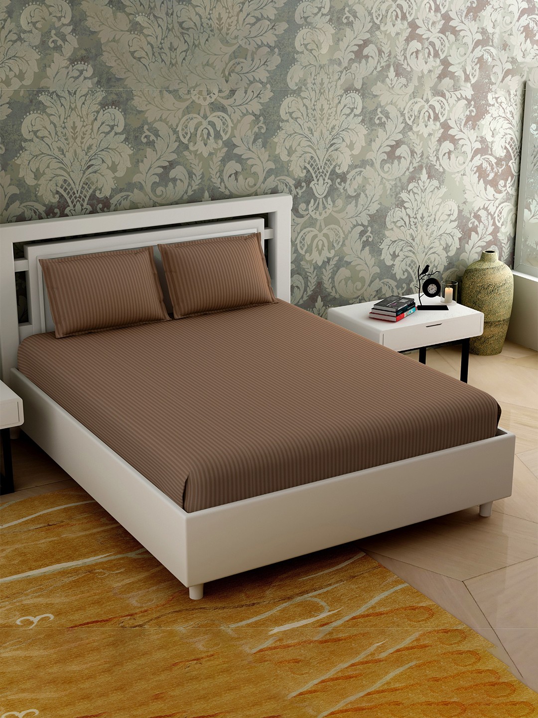 

Varde Brown Striped 210 TC King Bedsheet with 2 Pillow Covers