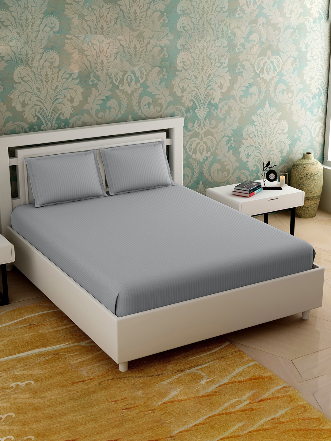 

Varde Grey Striped 210 TC King Bedsheet with 2 Pillow Covers