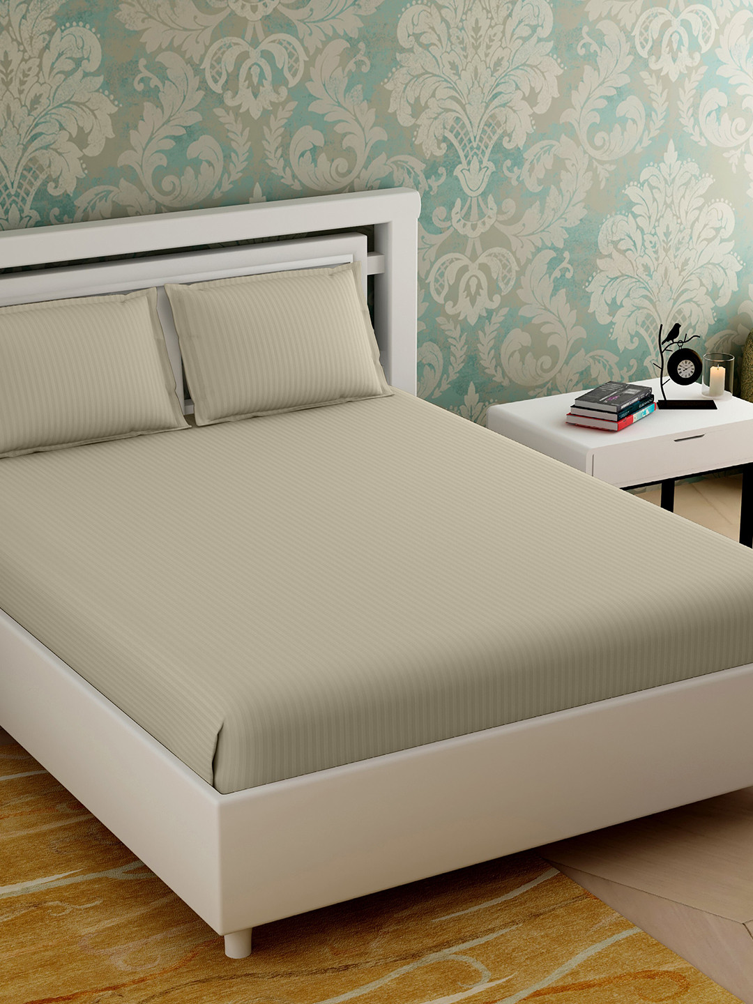 

Varde Beige Striped 210 TC King Bedsheet with 2 Pillow Covers