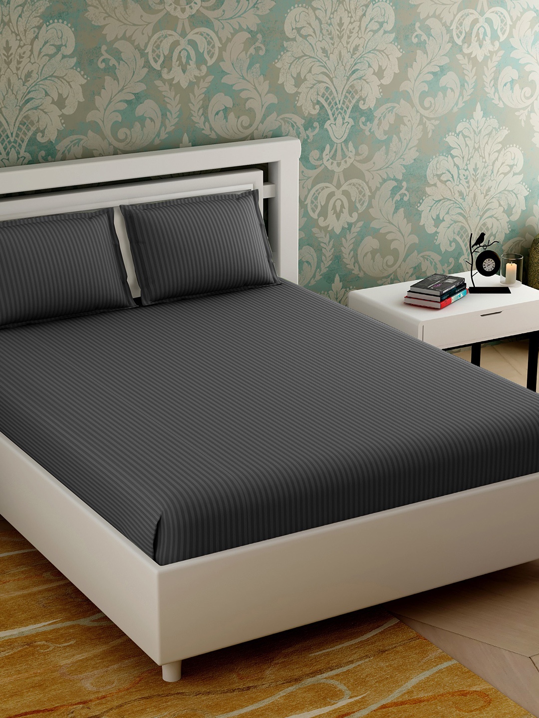 

Varde Grey Striped 210 TC King Bedsheet with 2 Pillow Covers