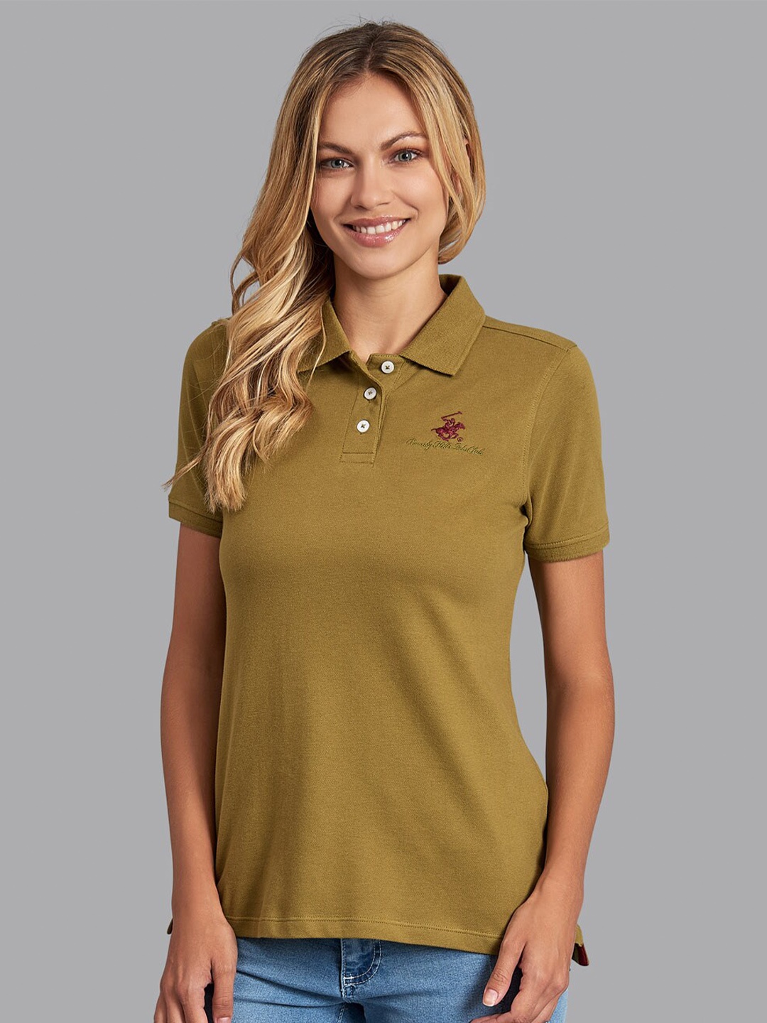 

Beverly Hills Polo Club Women Olive Green Polo Collar T-shirt