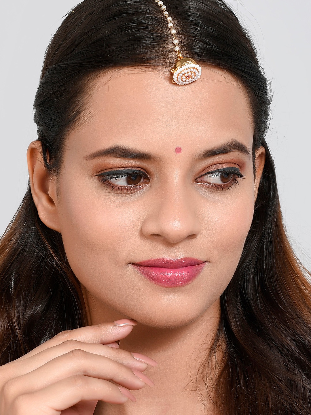 

Silvermerc Designs Gold-Plated Pink Stone Studded & Pearl Beaded Borla Maang Tikka