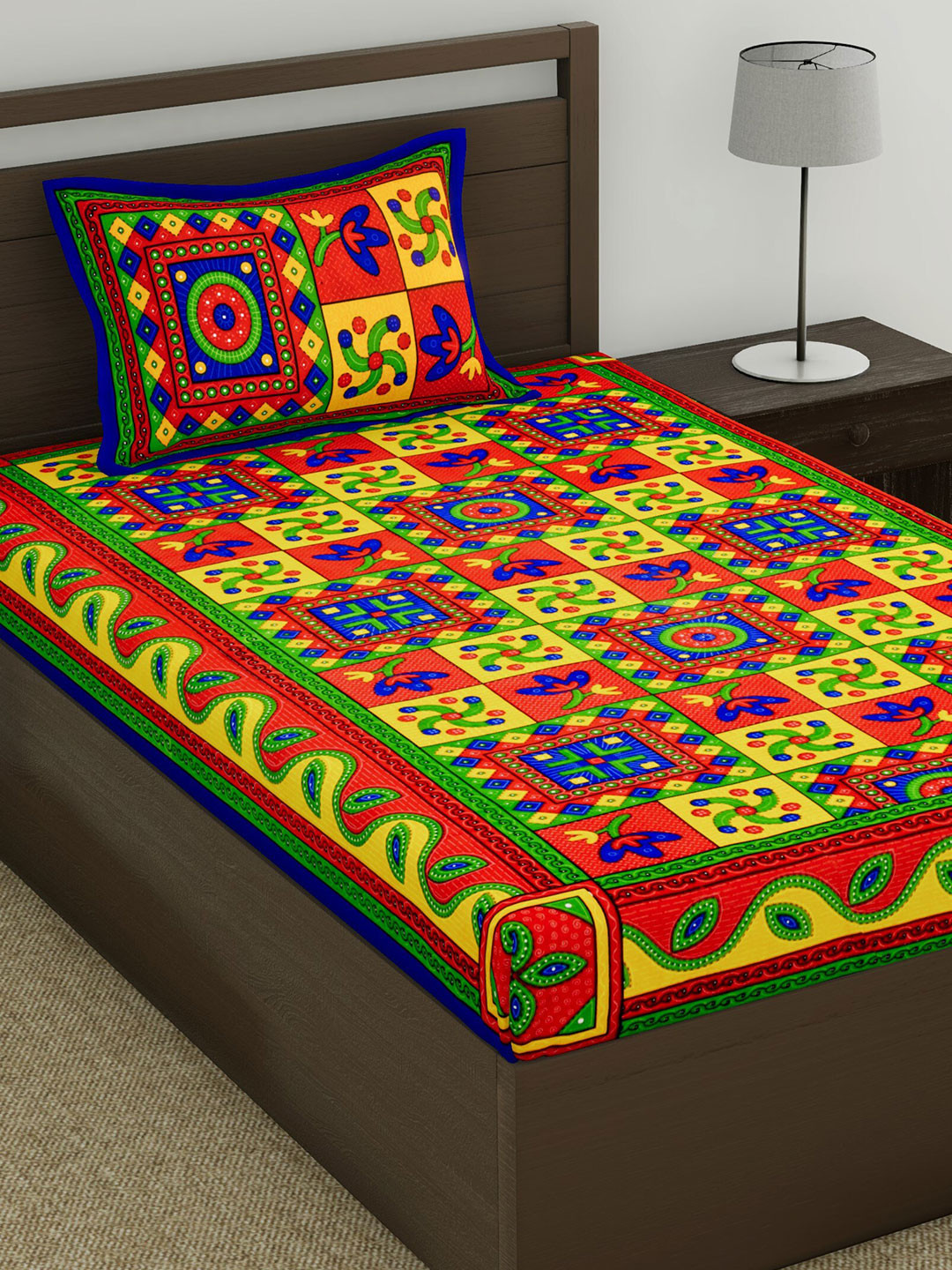 

Varde Red 104 TC Cotton Jaipuri Bedsheet for Single Bed Cotton with 1 Pillow Cover