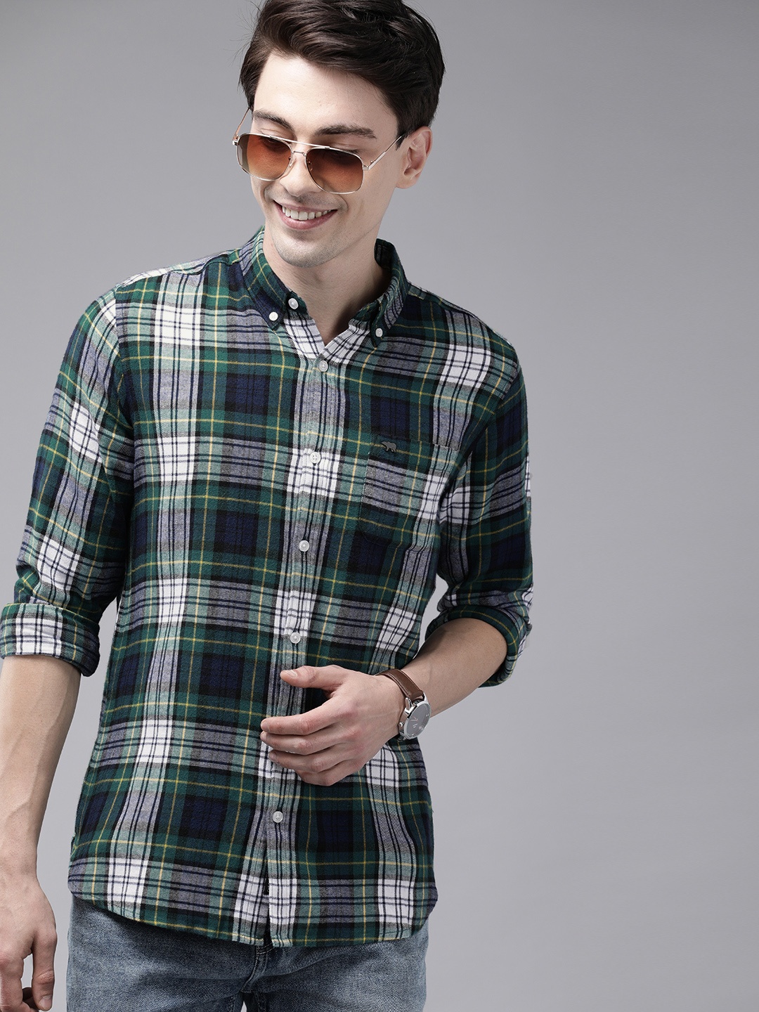 

THE BEAR HOUSE Men Green Slim Fit Tartan Checks Opaque Checked Casual Shirt