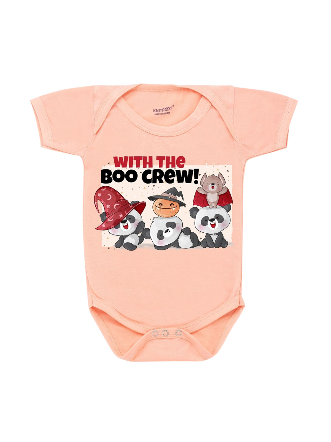 

KNITROOT Infant Kids Peach-Coloured & Black With Boo Crew Printed Cotton Bodysuit