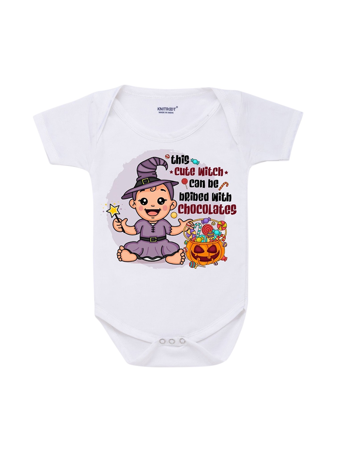 

KNITROOT Infant Kids White Cute Witch Cotton Printed Bodysuit