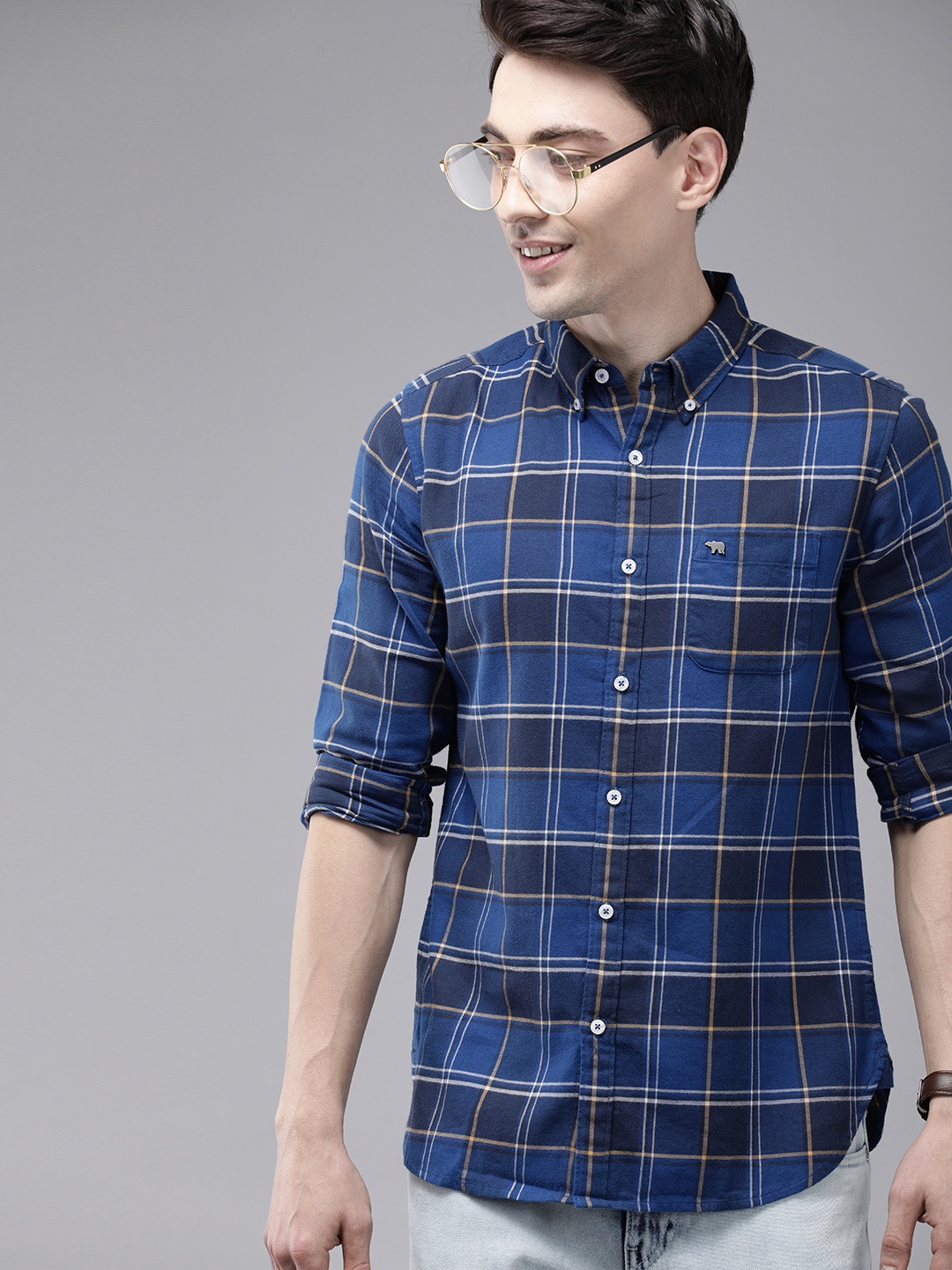 

THE BEAR HOUSE Men Blue Slim Fit Checked Casual Shirt