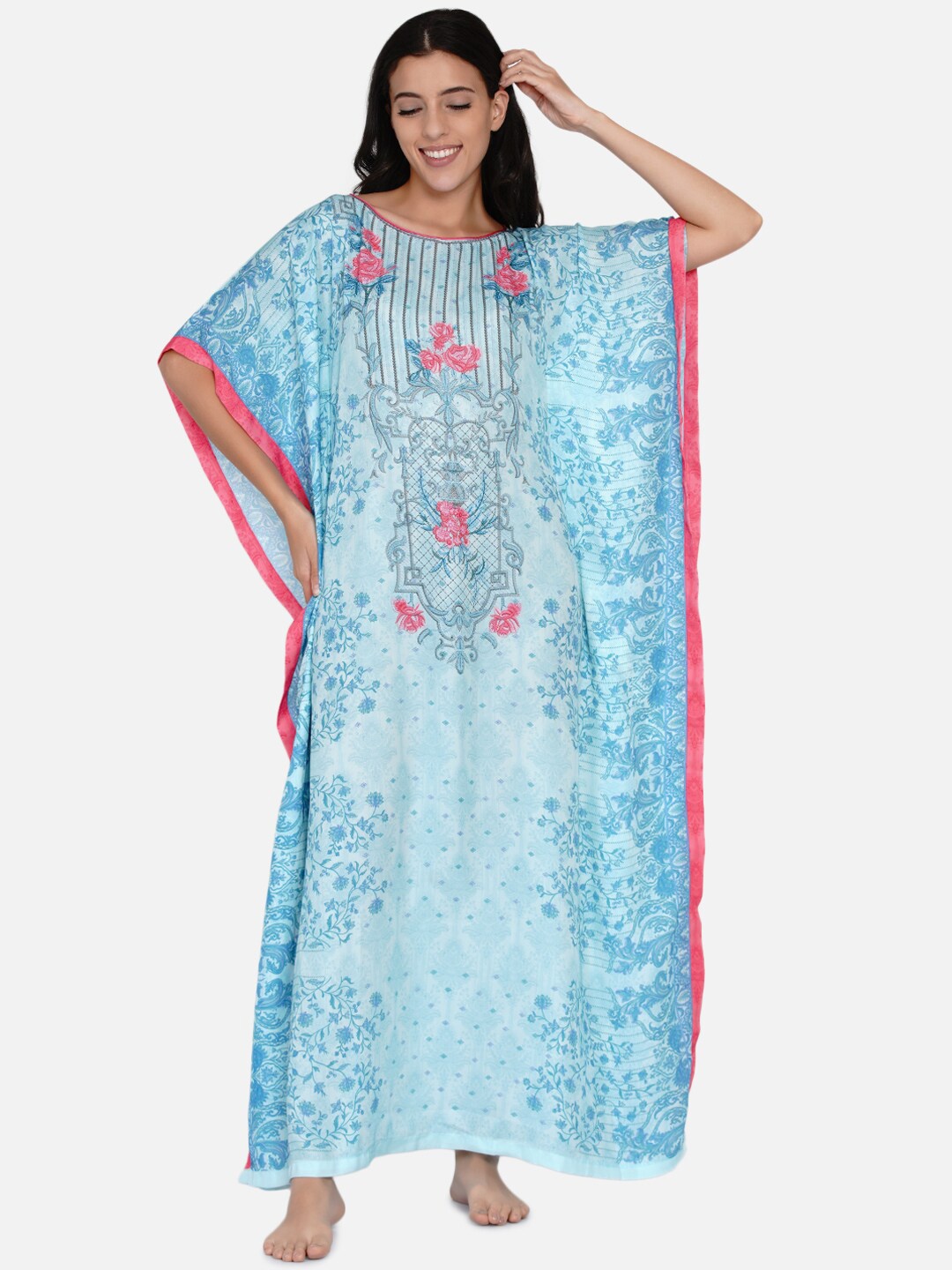 

The Kaftan Company Blue Printed Maxi Nightdress