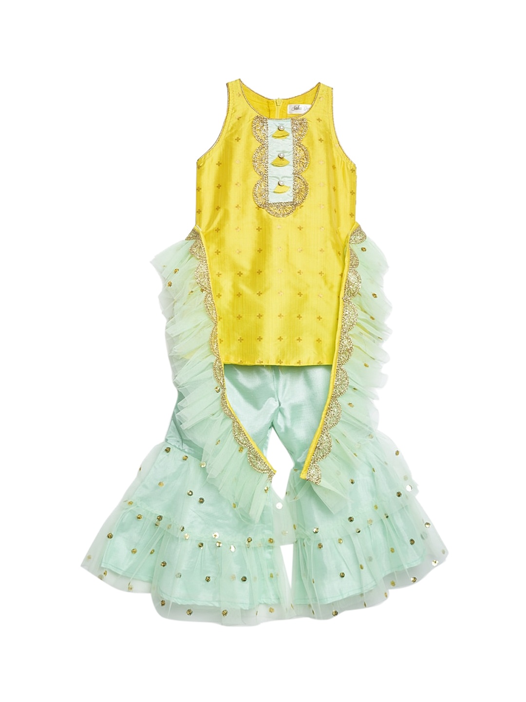 

SAKA DESIGNS Girls Yellow Ethnic Motifs Embroidered Regular Kurti with Sharara & With Dupatta