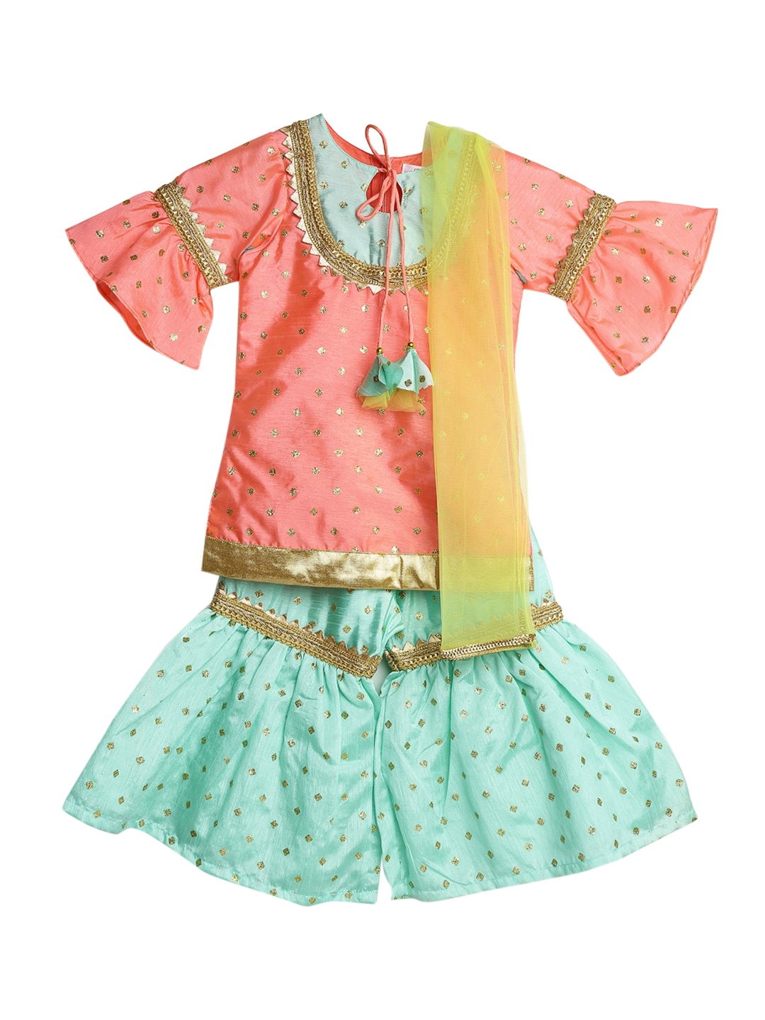 

SAKA DESIGNS Girls Blue & Peach-Coloured Printed Gotta Patti Kurta with Sharara & Dupatta