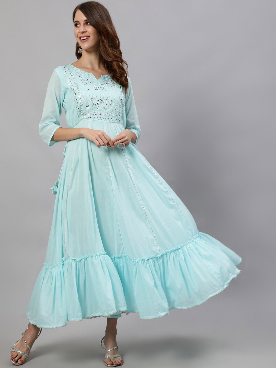 

Ishin Women Blue Yoke Design Mirror Work Pure Cotton Anarkali Kurta