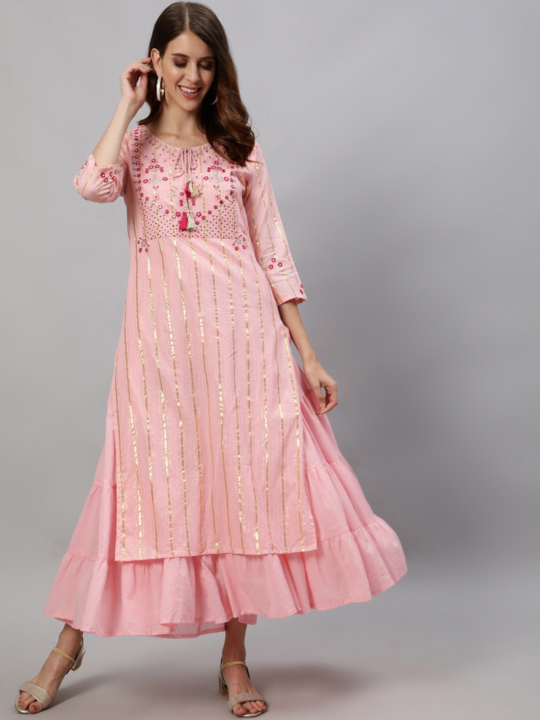 

Ishin Women Pink Striped Pastels Zari Layered Pure Cotton Anarkali Kurta