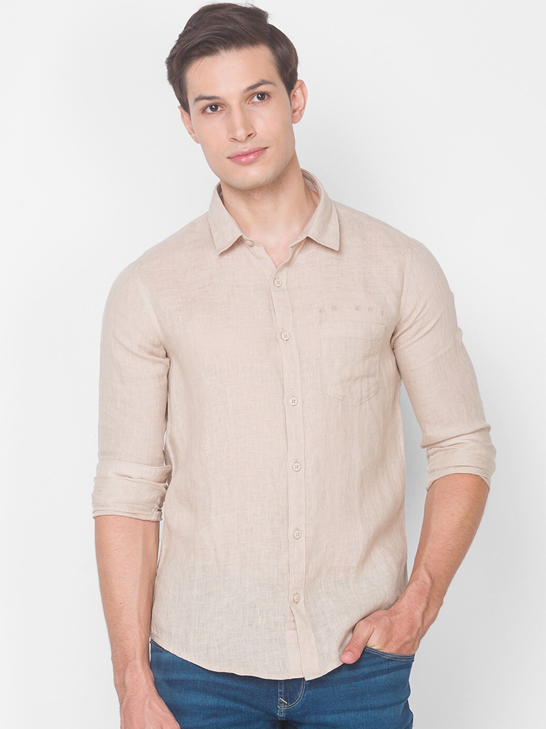 

SPYKAR Men Beige Slim Fit Opaque Pure Cotton Casual Shirt