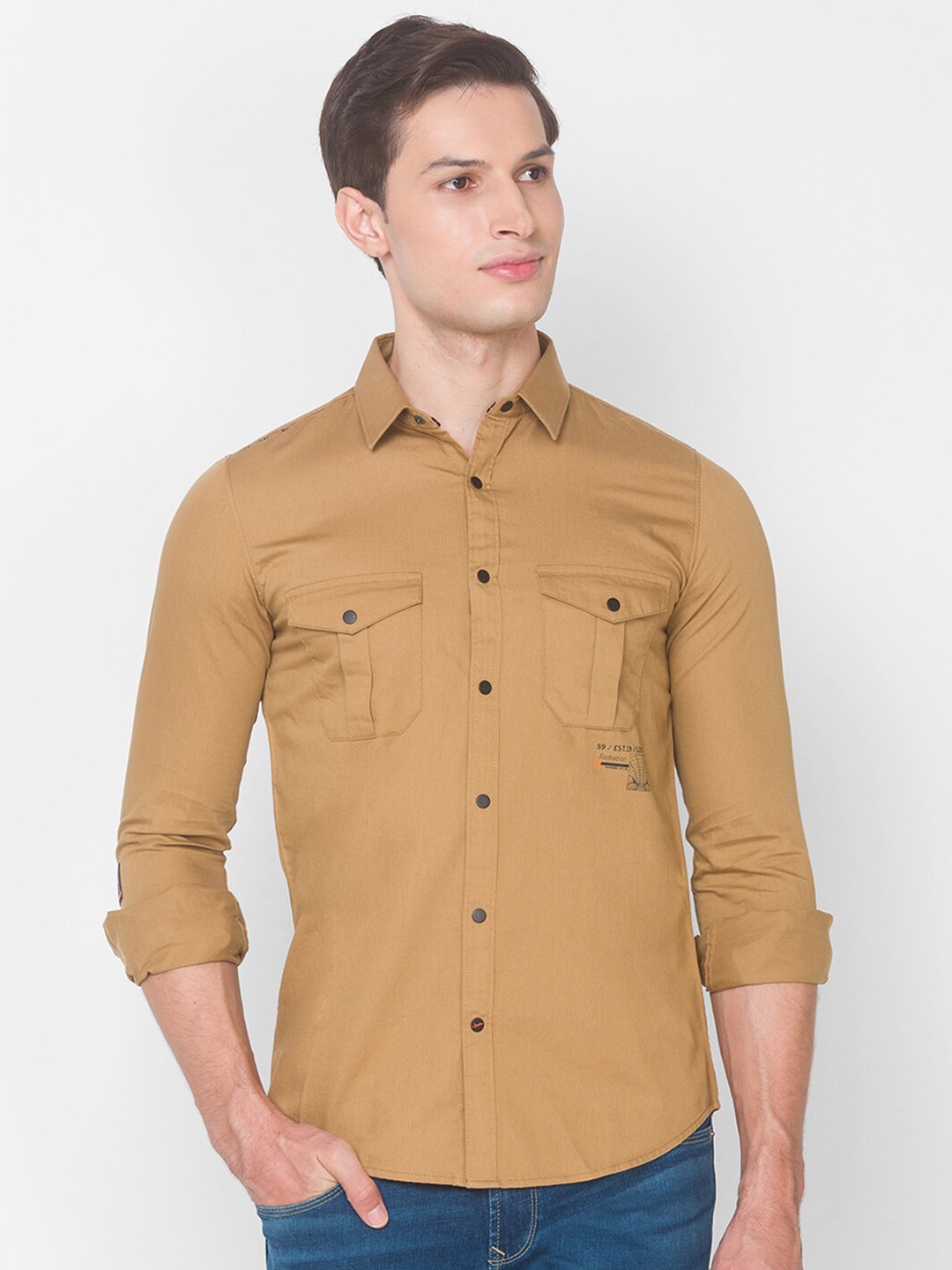 

SPYKAR Men Camel Brown Slim Fit Opaque Pure Cotton Casual Shirt