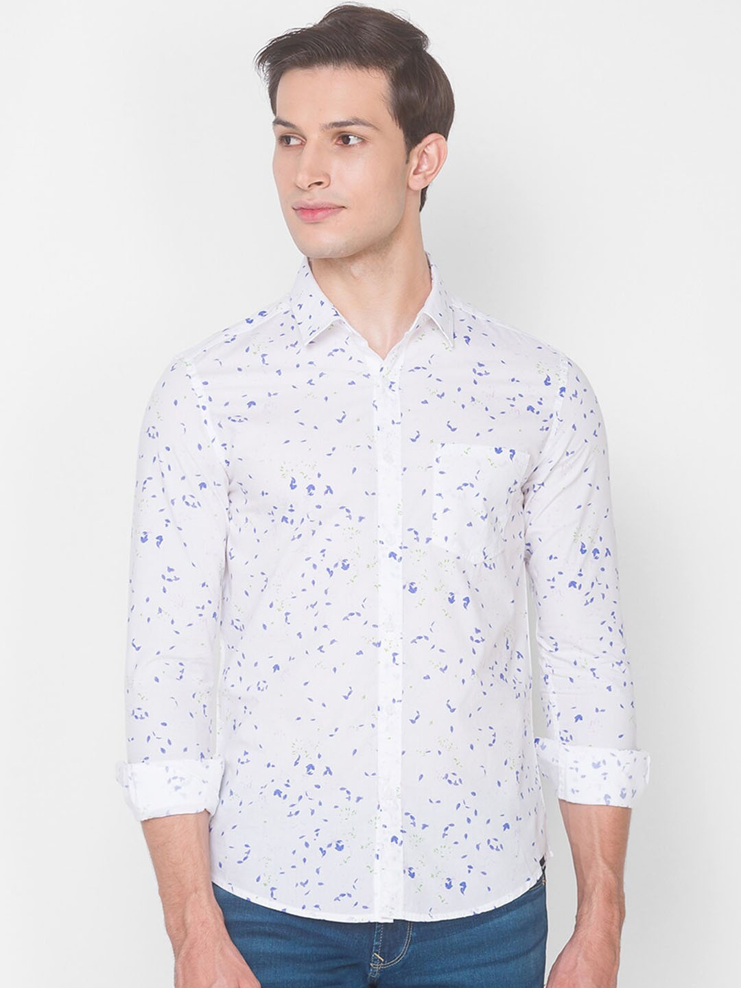 

SPYKAR Men White Slim Fit Opaque Printed Pure Cotton Casual Shirt