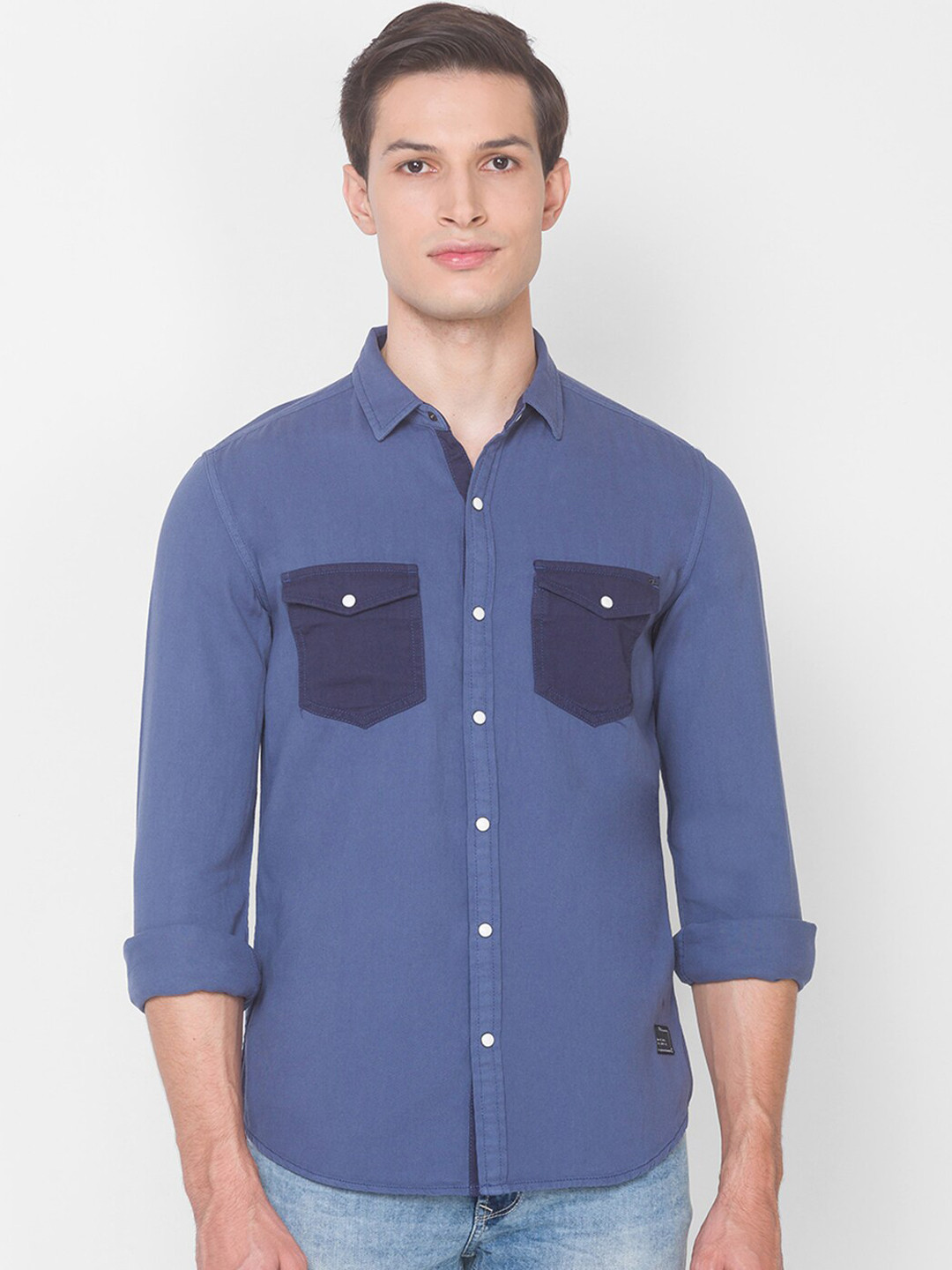 

SPYKAR Men Blue Slim Fit Opaque Printed Pure Cotton Casual Shirt