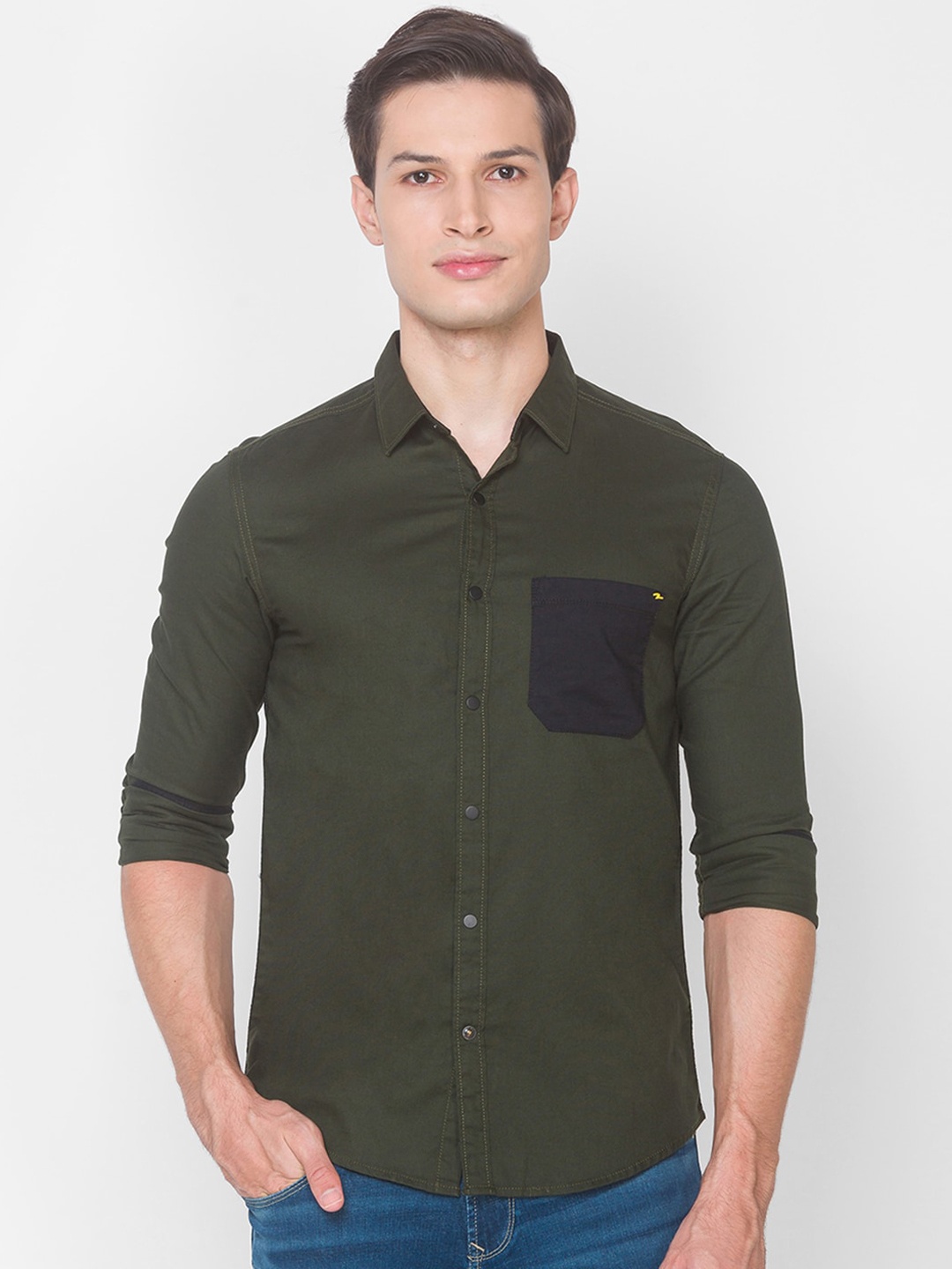 

SPYKAR Men Olive Green Slim Fit Opaque Pure Cotton Casual Shirt
