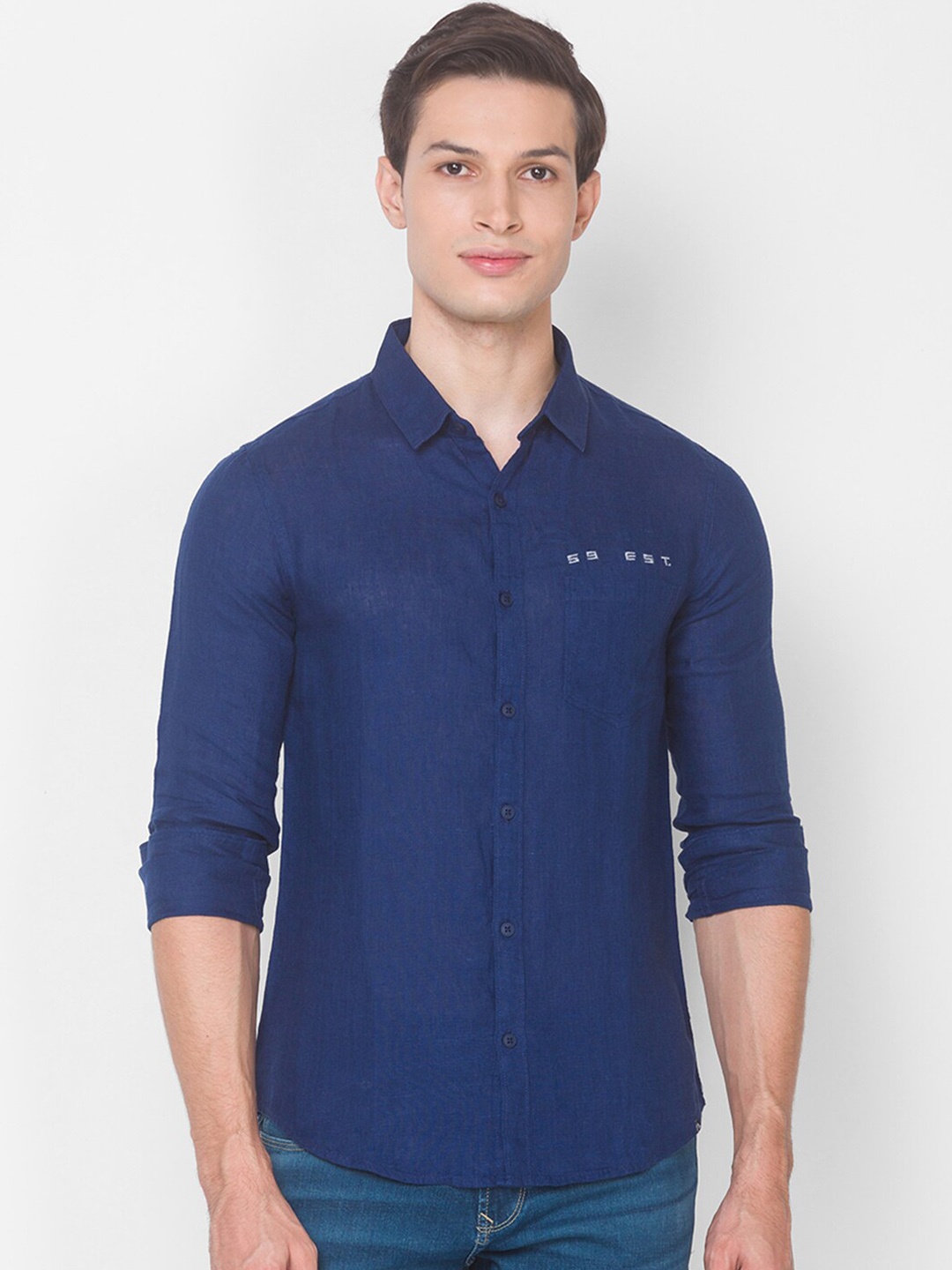 

SPYKAR Men Blue Slim Fit Opaque Pure Cotton Casual Shirt