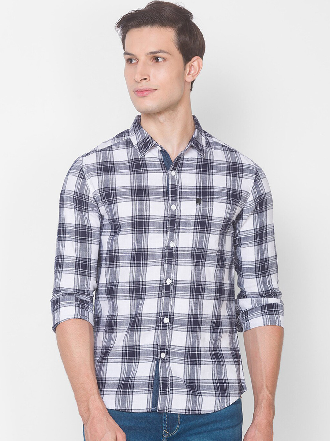 

SPYKAR Men White Slim Fit Tartan Checks Opaque Checked Pure Cotton Casual Shirt