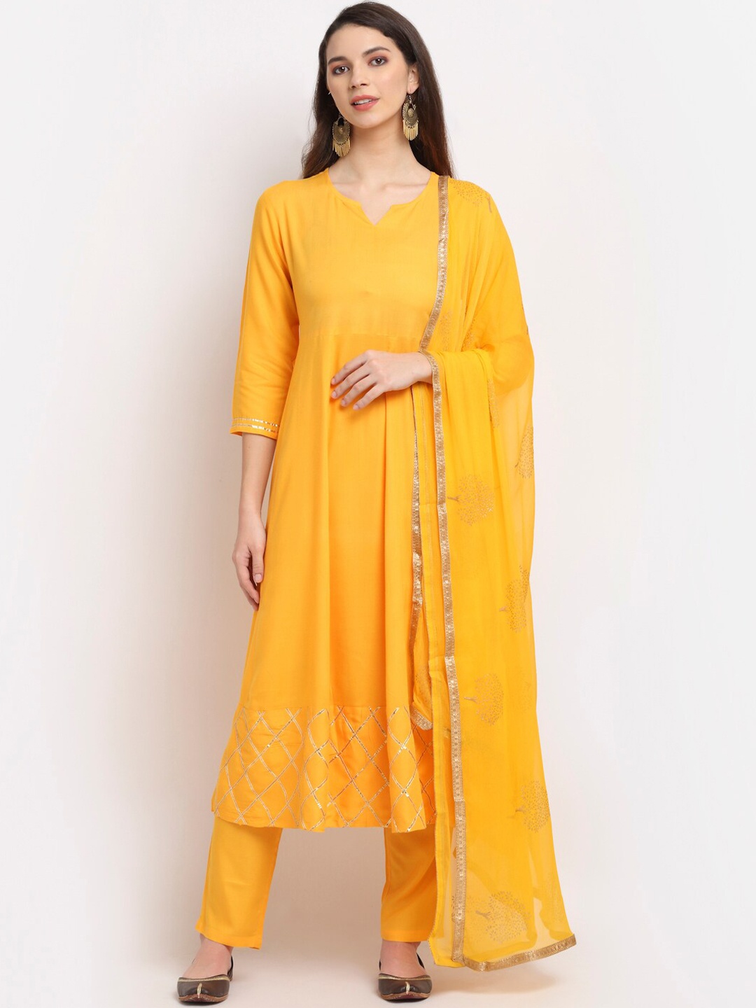 

Rudra Bazaar Women Yellow Regular Kurta with Trousers & With Dupatta