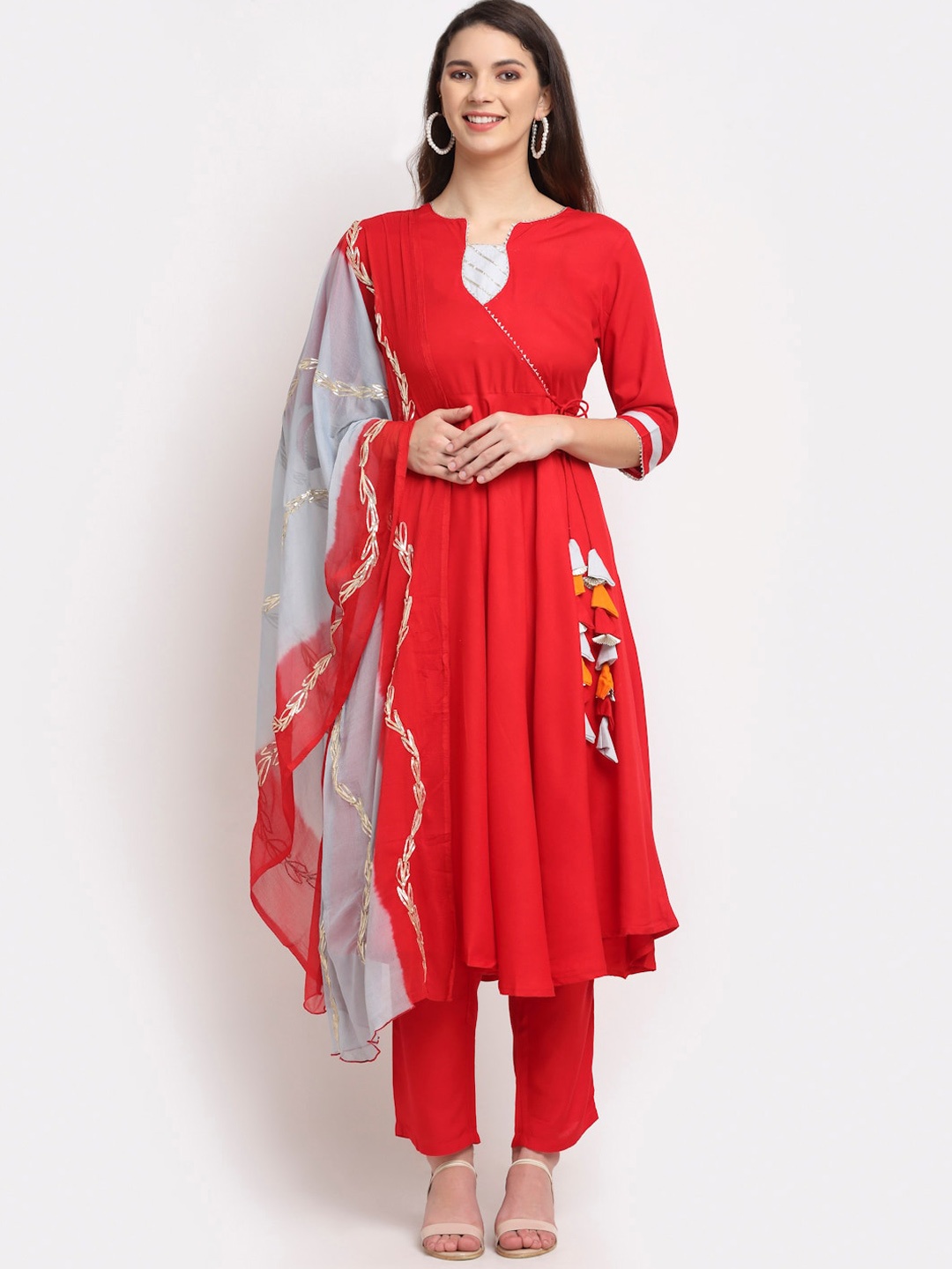 

Rudra Bazaar Women Red Angrakha Gotta Patti Kurta with Trousers & Dupatta