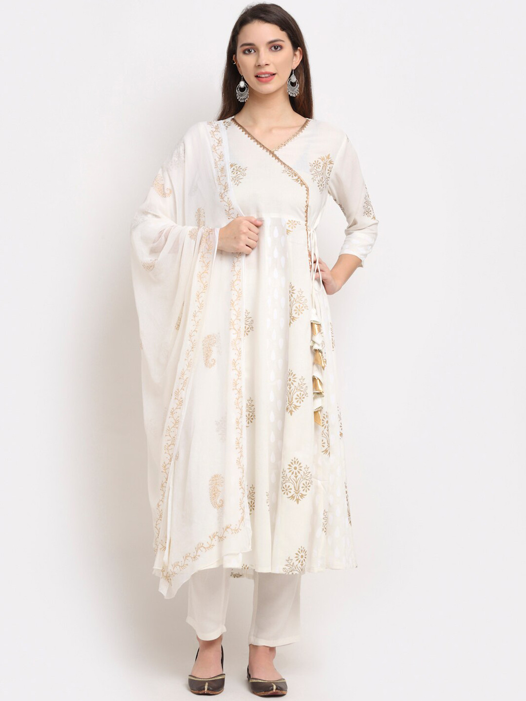 

Rudra Bazaar Women White Printed Angrakha Gotta Patti Kurta Trousers & Dupatta