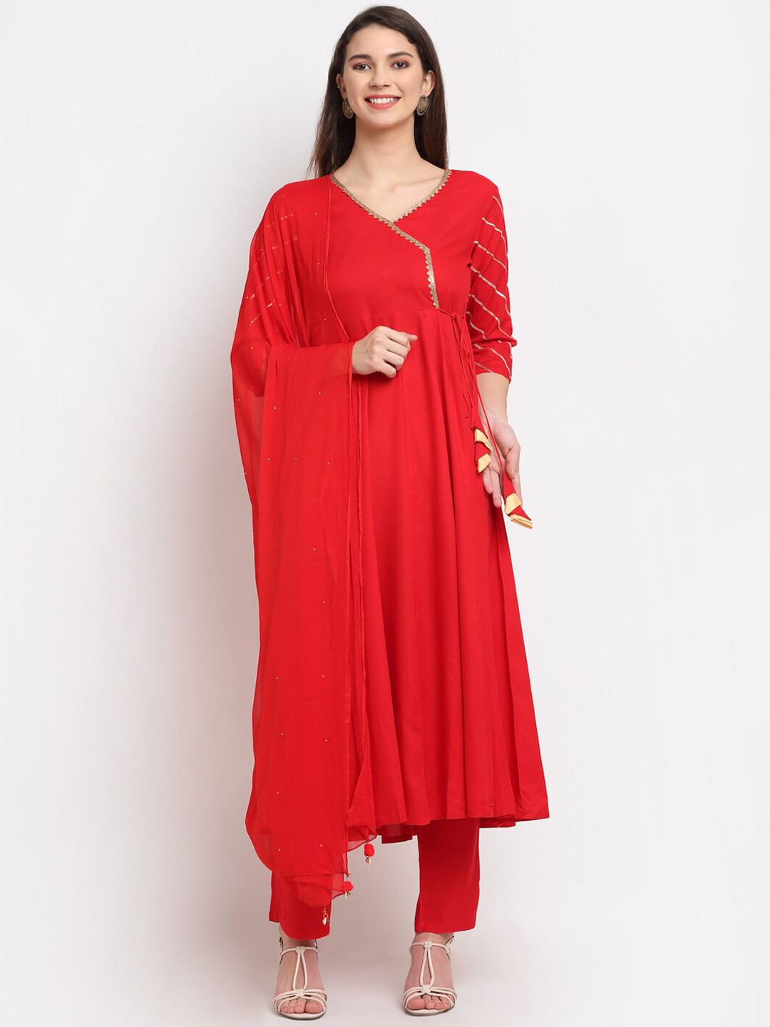 

Rudra Bazaar Women Red Angrakha Gotta Patti Kurta with Trousers & Dupatta