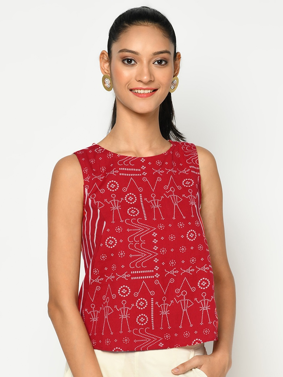 

Fabindia Red & White Regular Top