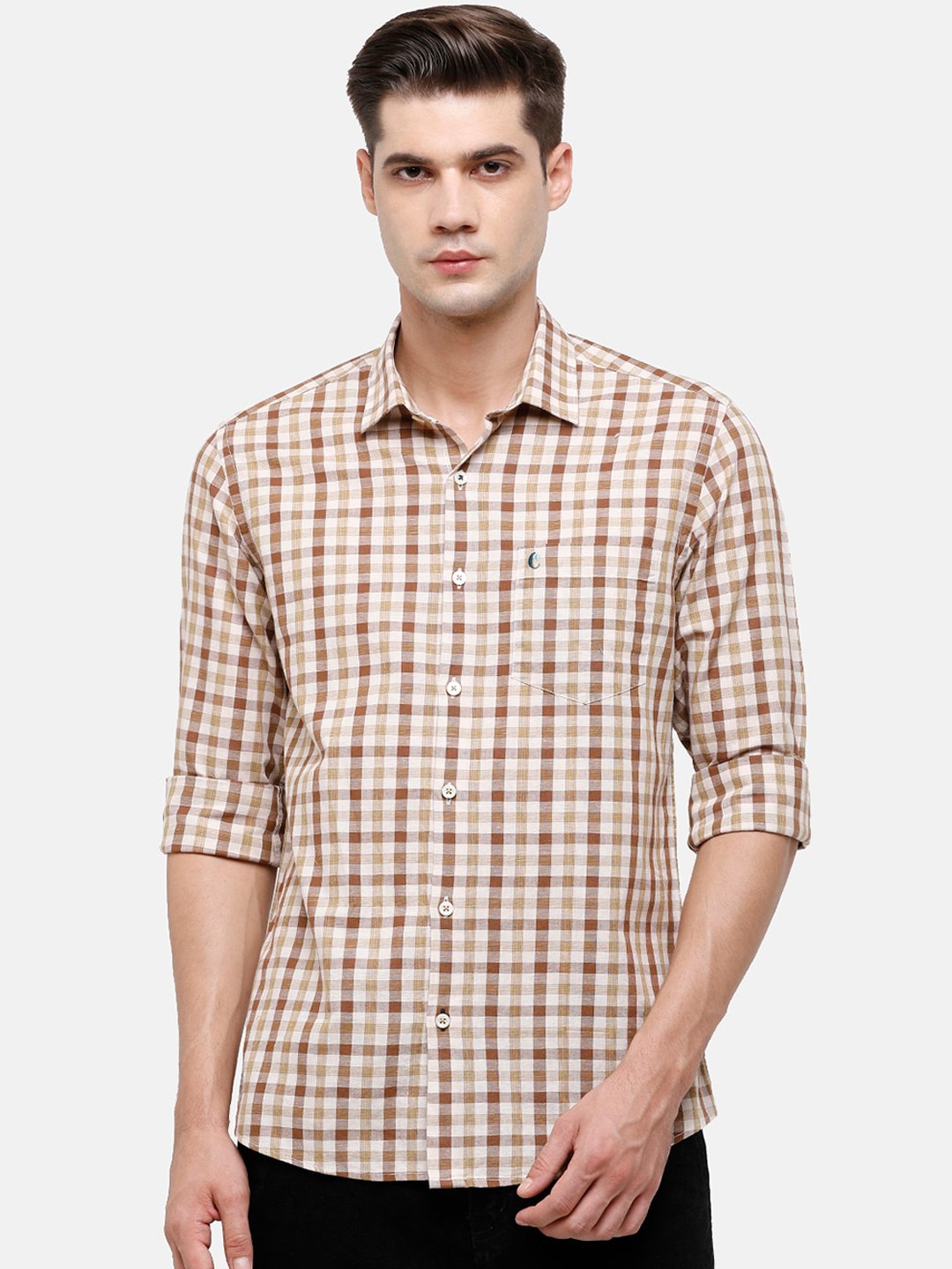 

CAVALLO by Linen Club Men Brown Linen Cotton Opaque Checked Casual Shirt