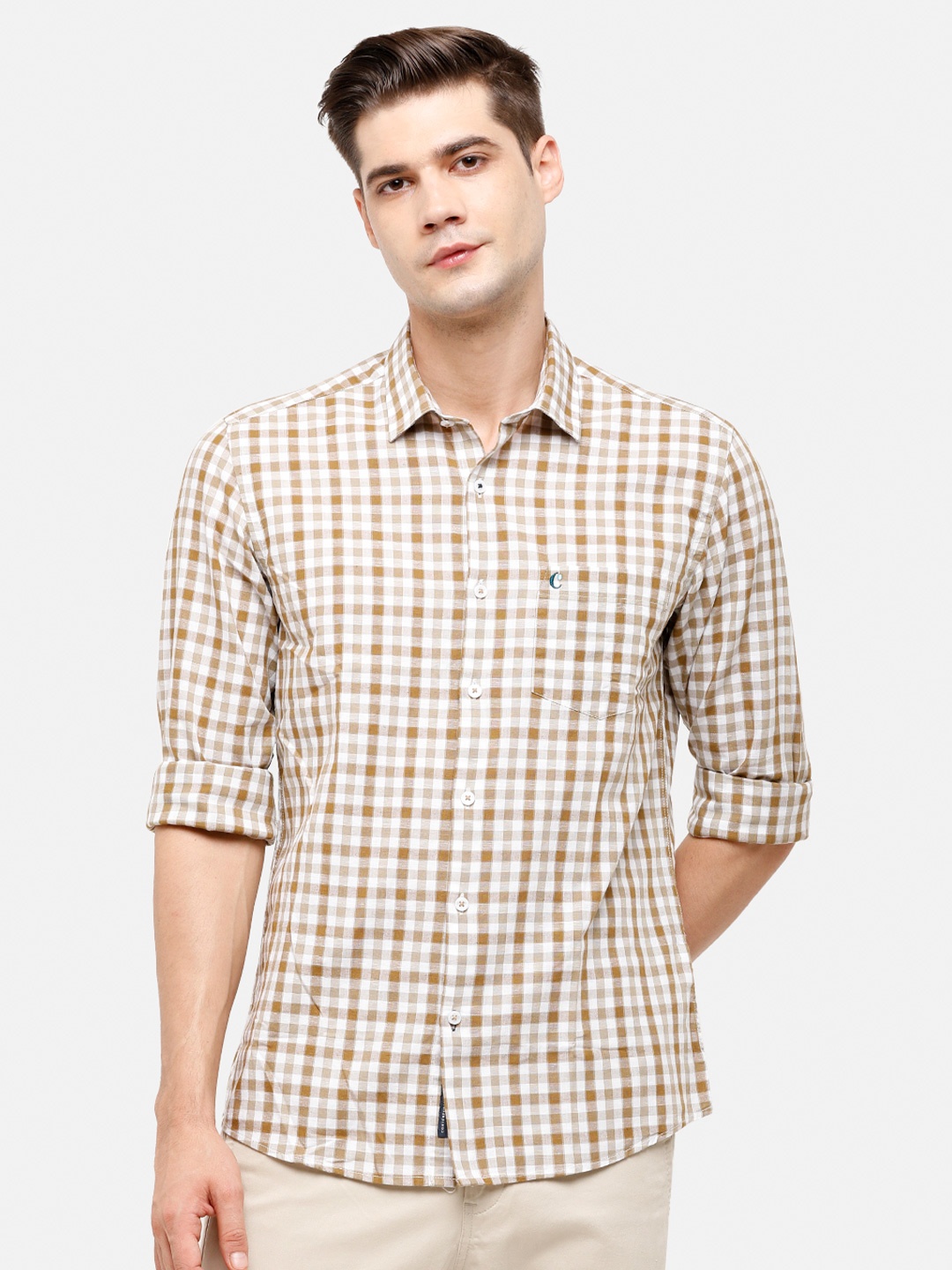 

CAVALLO by Linen Club Men Brown & Beige Checked Cotton Linen Casual Shirt