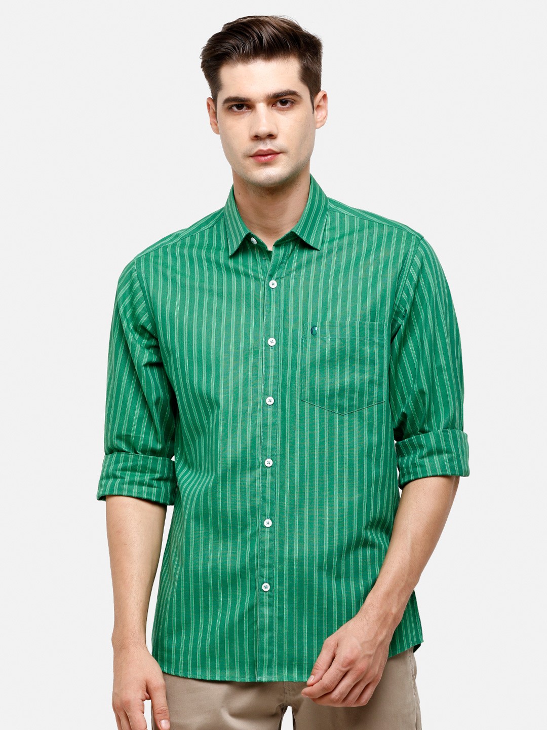 

CAVALLO by Linen Club Men Green Striped Cotton Linen Casual Shirt