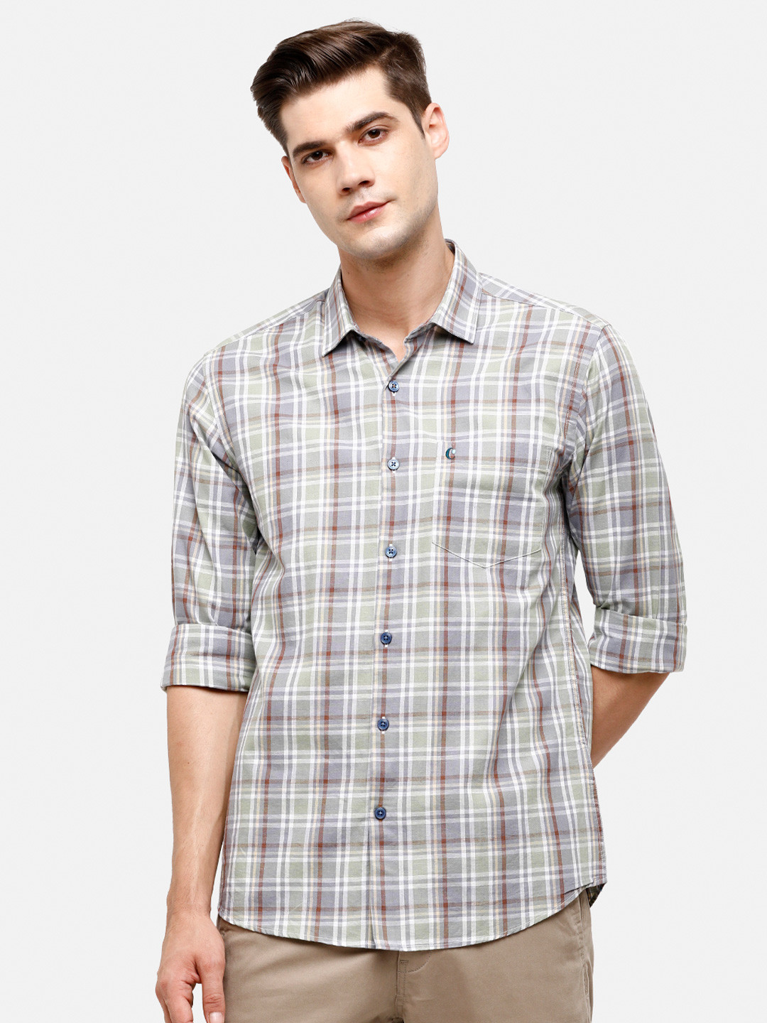 

CAVALLO by Linen Club Men Grey & Brown Checked Cotton Linen Casual Shirt