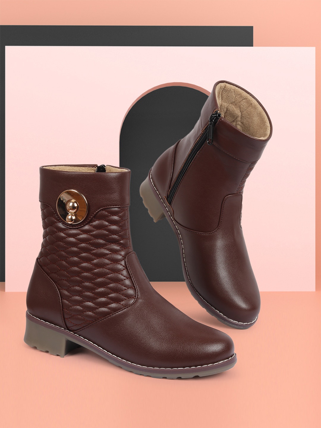 

ZAPATOZ Brown Textured PU Block Heeled Boots