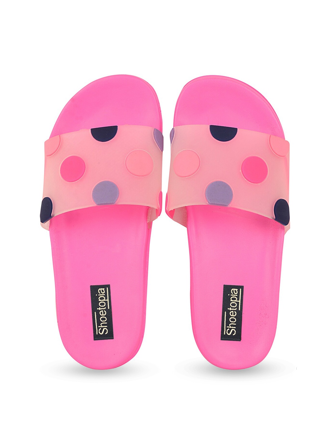 

Shoetopia Girls Peach-Coloured & Black Printed Rubber Sliders