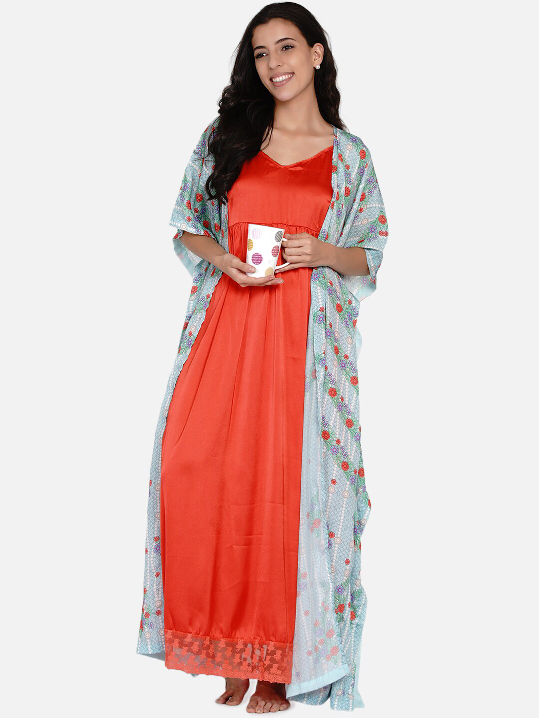 

The Kaftan Company Blue & Orange Printed Maxi Nightdress With Robe
