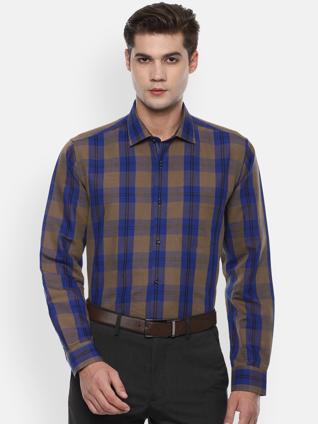 

Van Heusen Men Navy Blue Pure Cotton Opaque Checked Formal Shirt