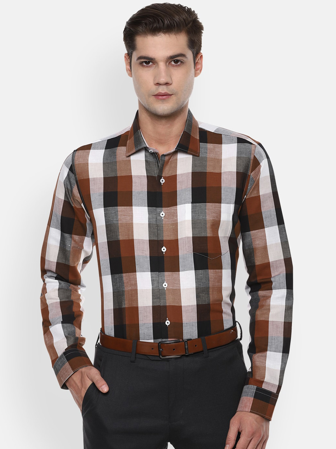 

Van Heusen Men Brown Slim Fit Opaque Checked Formal Shirt