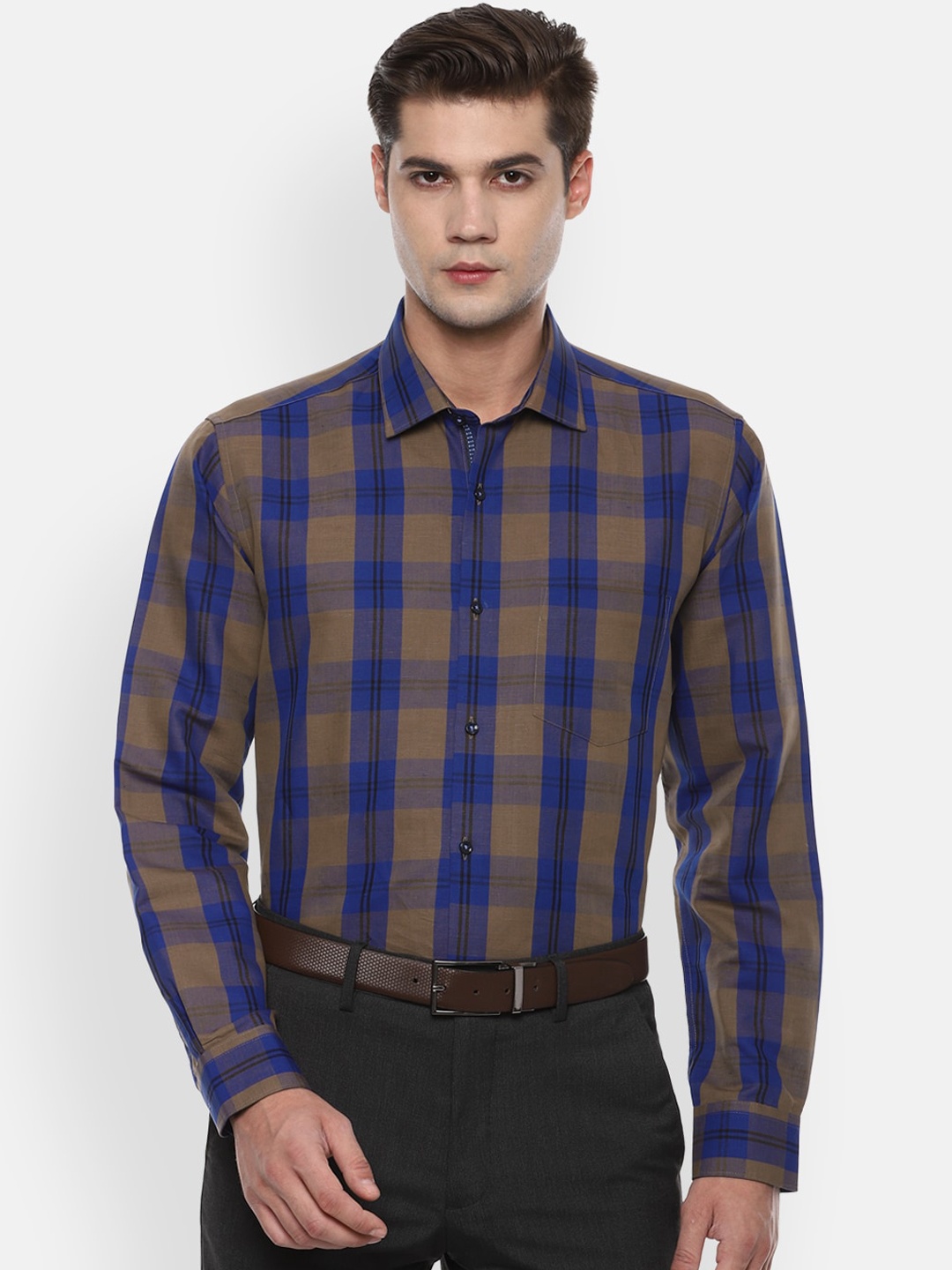 

Van Heusen Men Navy Blue Pure Cotton Opaque Checked Formal Shirt