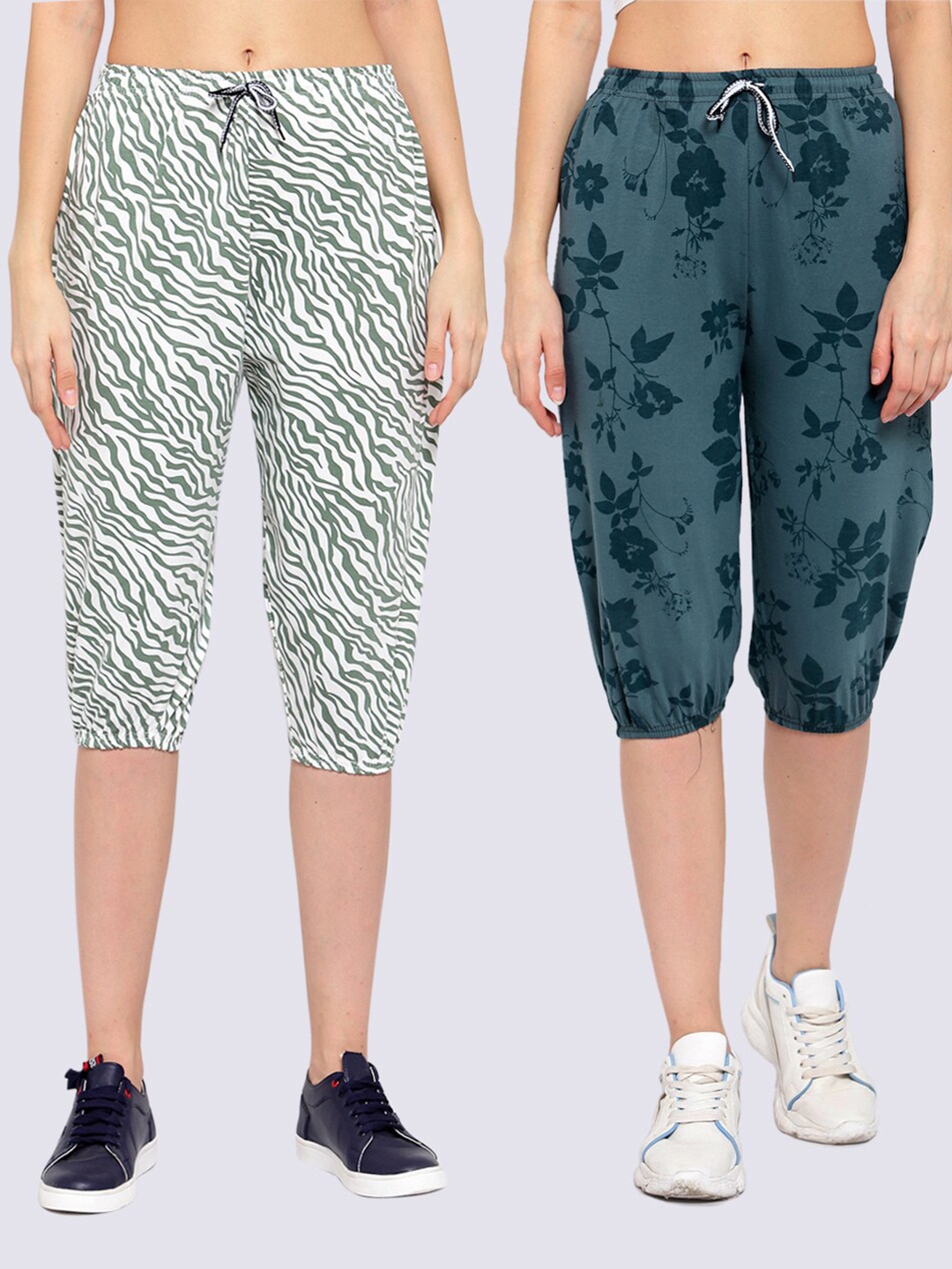 

KLOTTHE Women White & Green Pack of 2 Printed Capris