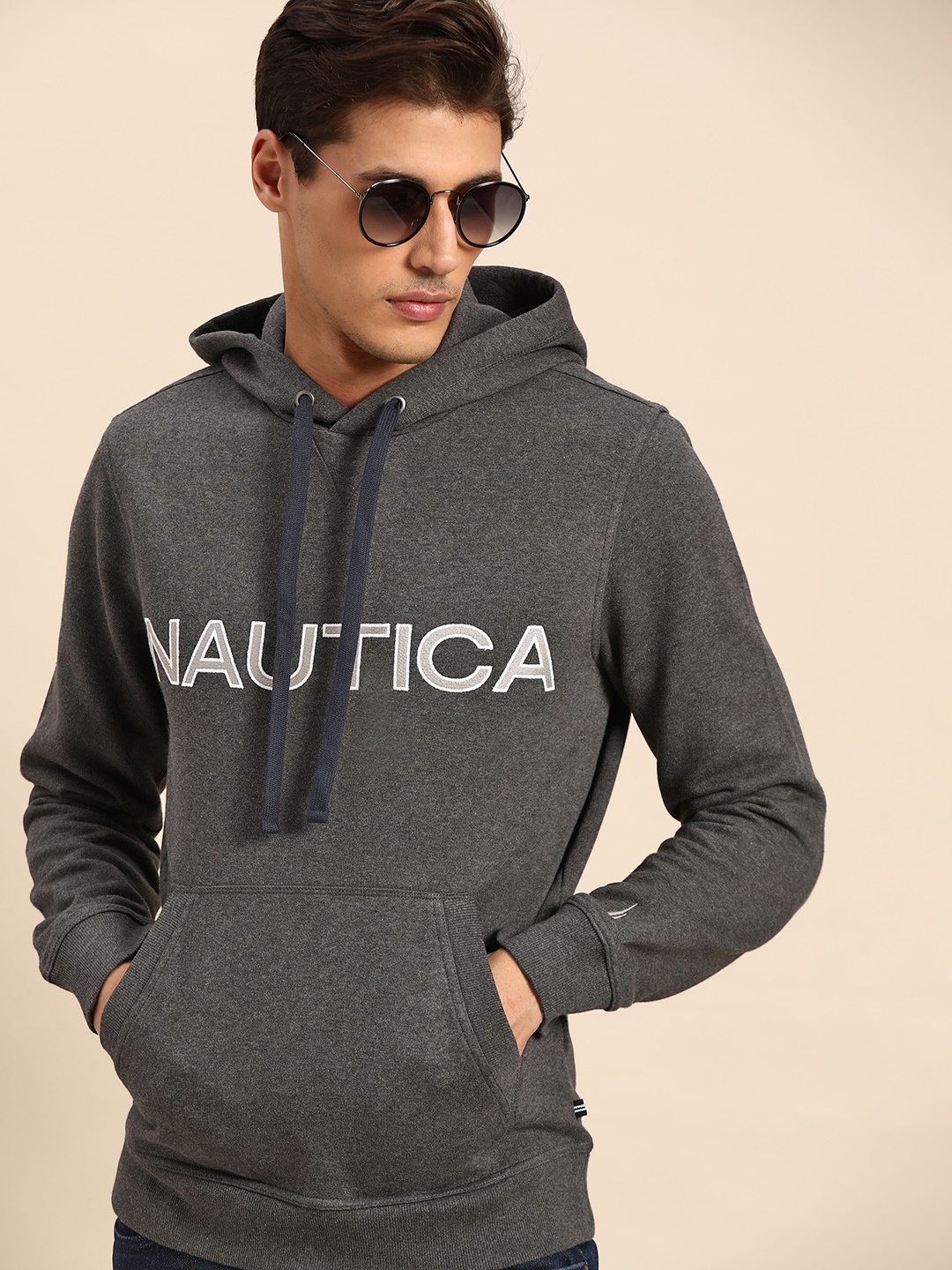 

Nautica Men Charcoal Grey Embroidered Hooded Sweatshirt