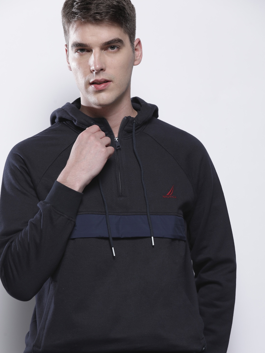 

Nautica Men Navy Blue Striped Hooded Sweatshirt