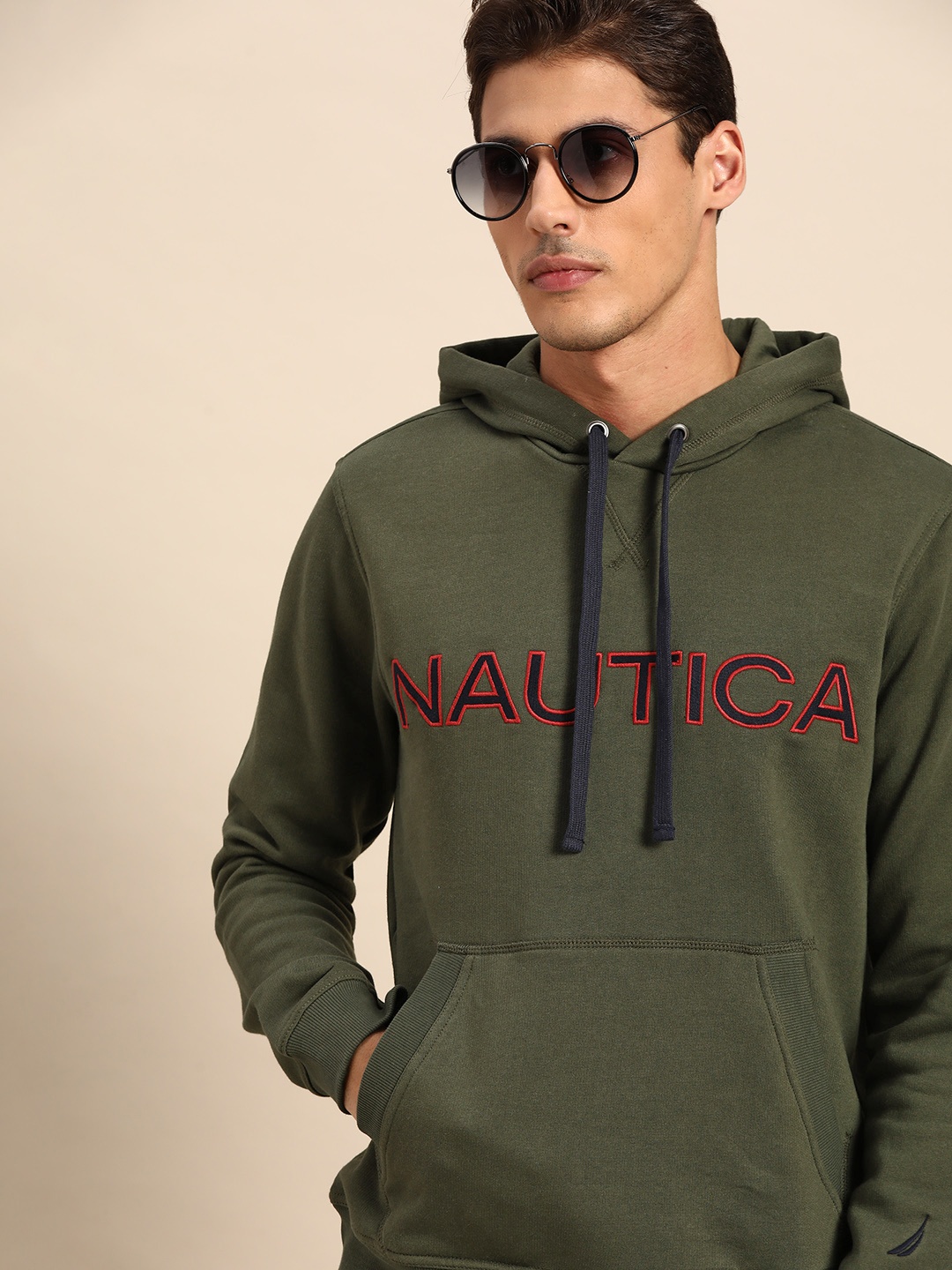 

Nautica Men Olive Green Brand Logo Embroidered Hooded Sweatshirt