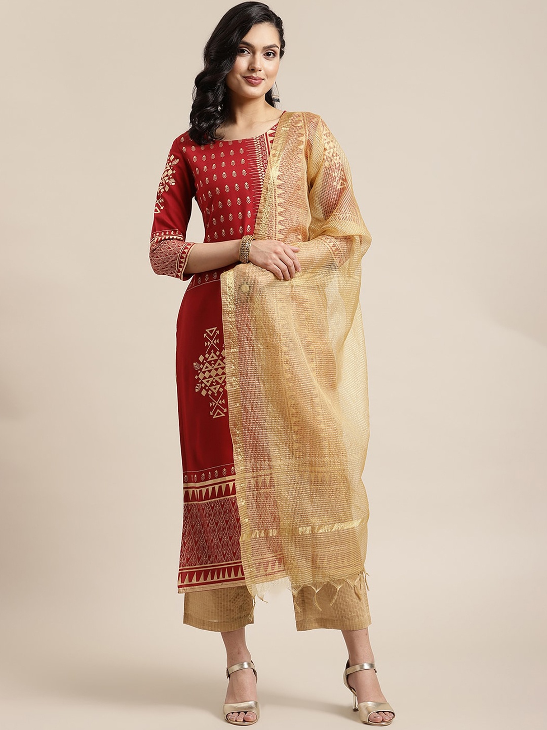 

KSUT Women Maroon Printed Panelled Kurta with Trousers & With Dupatta