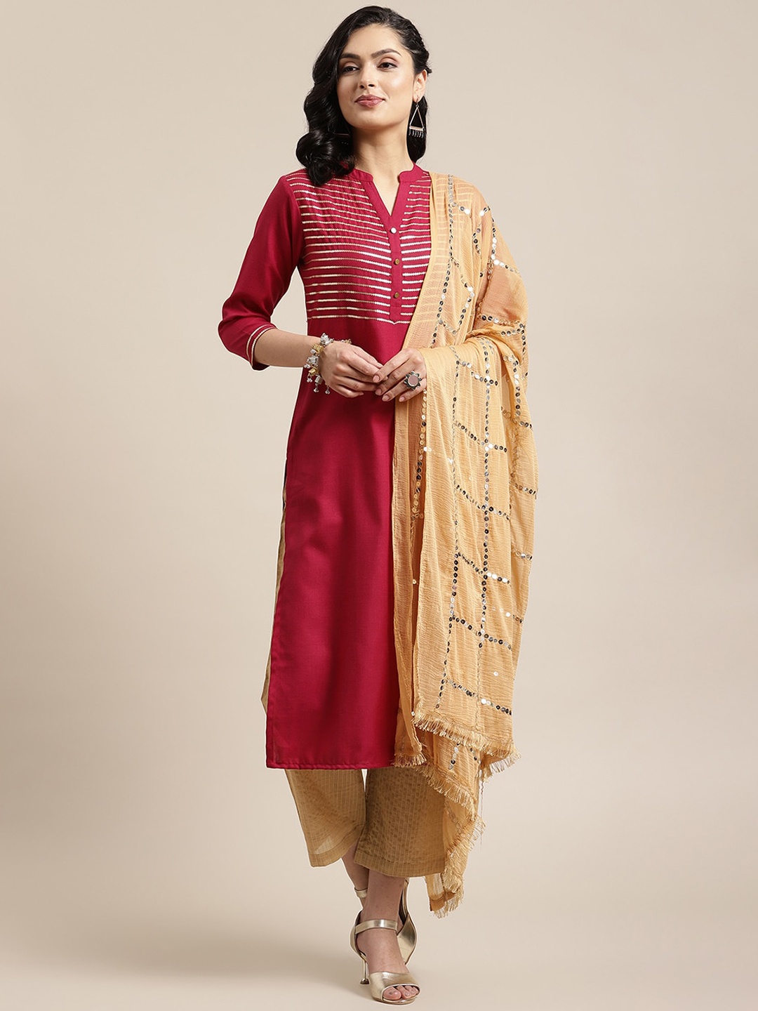 

KSUT Women Magenta Ethnic Motifs Yoke Design Regular Sequinned Kurta with Trousers & With Dupatta