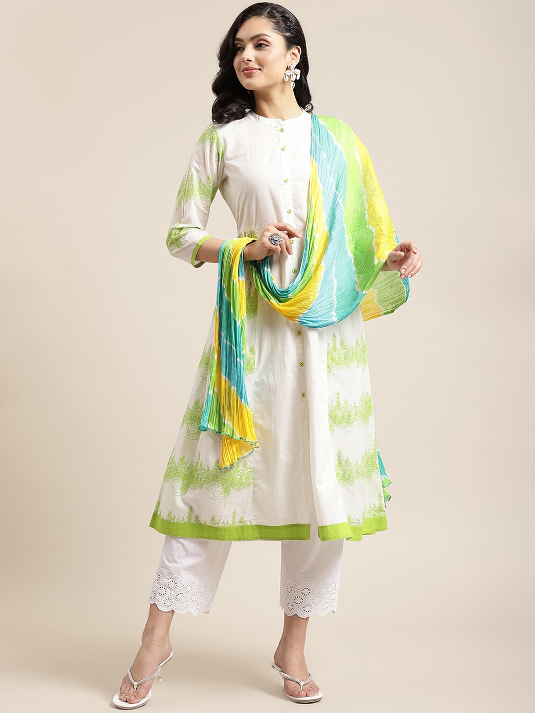 

KSUT Women Off White Colourblocked Pleated Pure Cotton Kurta with Trousers & With Dupatta